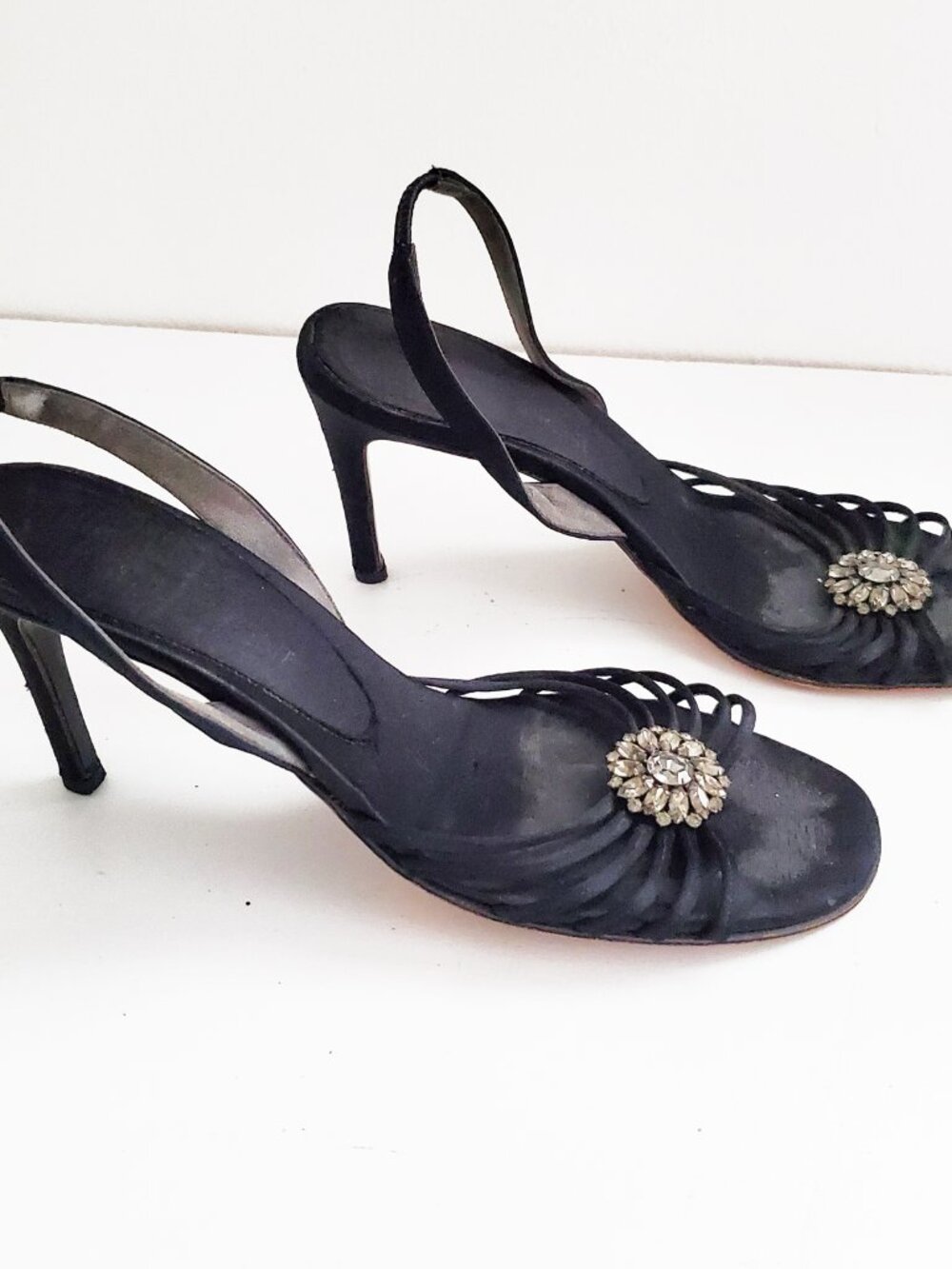 Yves Saint Laurent Black Satin Strappy Stilettos with Rhinestone Detail Size 8